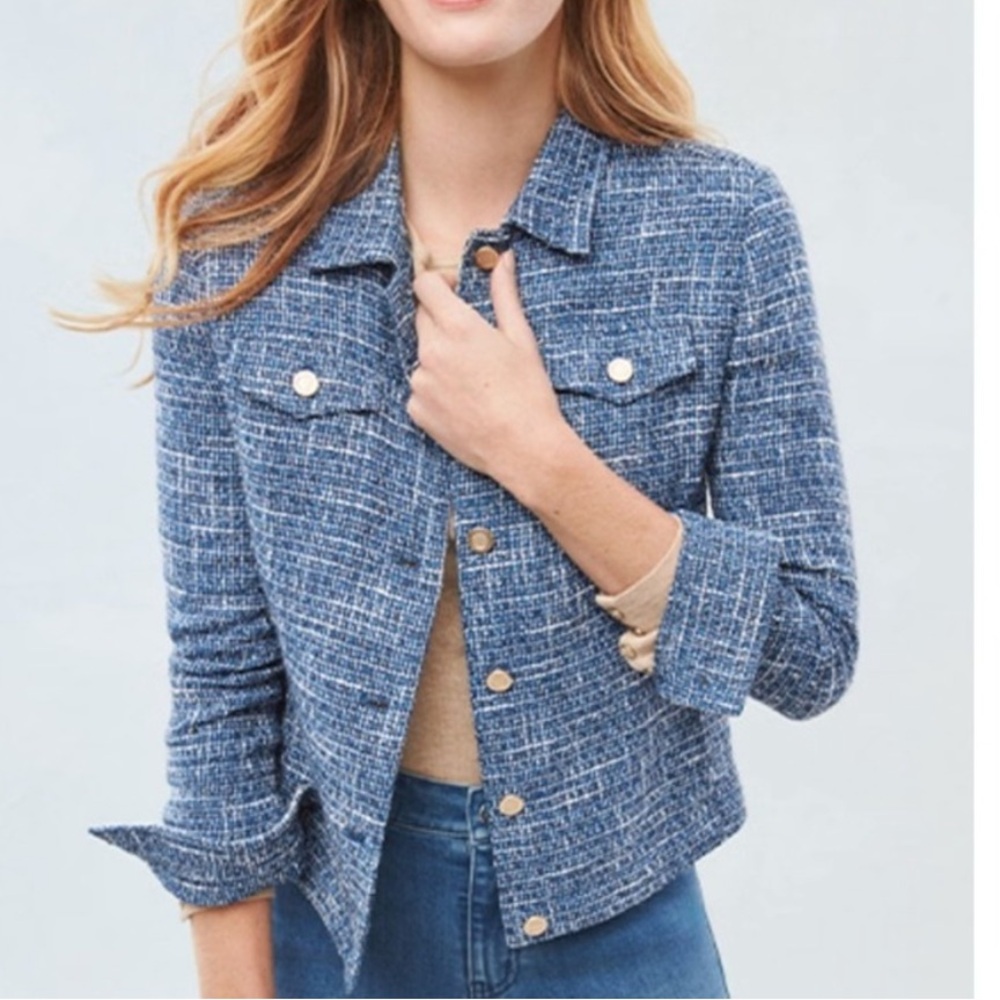 J. McLaughlin Blue White Colby Linen Blend Tweed Gold Button Jacket Blazer L